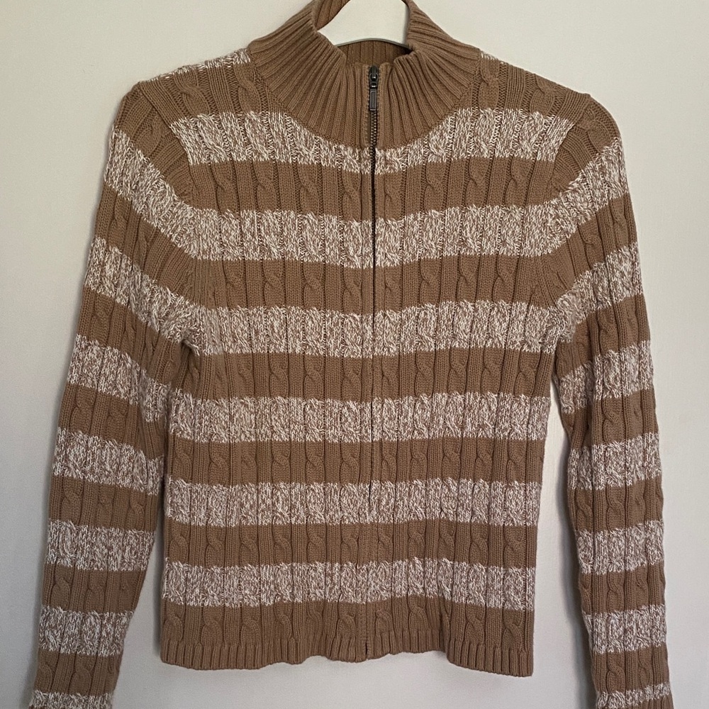 L.L. Bean Beige and White Striped Zip-Front Cable Knit Sweater